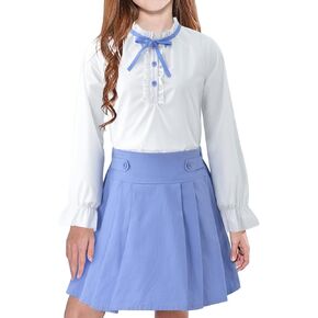Girls White Blouse Ruffle Long Sleeve Button Down Shirt and Pleated Skirt School Uniform 2 Piece Outfit Set 3-12Y