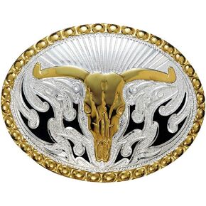 Crumine Inlay Lonhorn Skull Buckle - Silver Gold Plated - 2.75 X 3.75