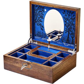 WOLF Ballet Musical Jewelry Box, Walnut Wood - 9 Compartments, Scalloped Edged Interior Mirror & Two Ballet Dancers - Tchaikovsky's Swan Lake Music - Anti-Tarnish LusterLoc Lining