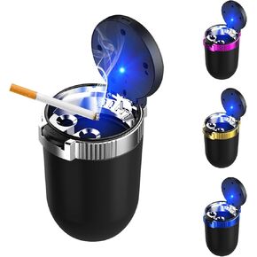 Car Ashtray with Lid, Mini Portable Car Ashtray, Detachable Stainless Steel Smokeless Car Ashtray with LED Blue Light, Windproof Car Accessory for Travel Car Smokers (Golden)