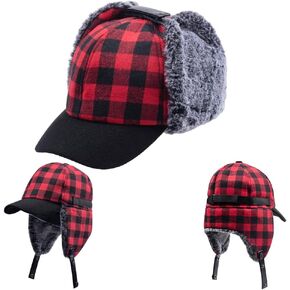 Winter Buffalo Plaid Trapper Hat Hunting hat Sherpa Ear Flaps Hunter Cap Black and Red