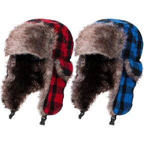 2 Pieces Plaid Ushanka Trapper Hats Unisexs Hats Winter Ear Flap Hat