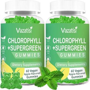 2 Pack Chlorophyll Gummies with Organic Supergreens, Natural Antioxidant, Body Odor, Energy Boost, Immune Support, Digestion, Skin Care, Women & Men, Adult & Kid - 120 Vegan Organic Gummies