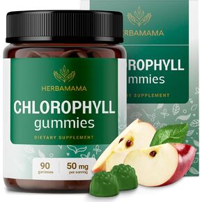 HERBAMAMA Chlorophyll Gummies - 50mg Sodium Copper Chlorophyllin for Detox, Internal Deodorant & Antioxidant Support - Vegan, Non-GMO, Gelatin-Free Supplement, 90 Apple-Flavored Chews