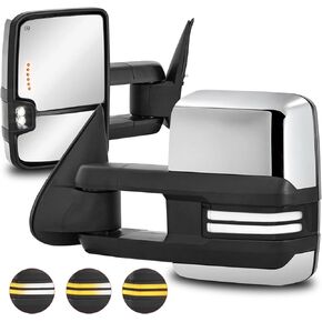 Towing Mirrors Power Heated Compatible for 2003-2006 Chevy GMC Yukon Serria Silverado Tahoe Suburban w/Sequential Turn Signal Reverse Light White Running Light Side Mirrors 2 PCS(Chrome)