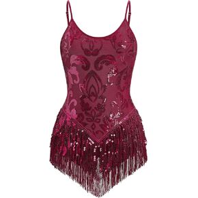 ODIZLI Women Sparkle Sequins Fringe Tassel Leotard One Piece Bodysuit Latin Dance