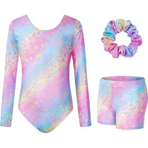 Long Sleeve Gymnastics Leotards for Girls Sparkly Dance Ballet Outfits Tumbling Biketard with Shorts for 3-12 Years