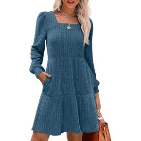 SAMPEEL Womens Square Neck Long Sleeve Fall Dresses Casual Babydoll Sweater Dress in Kuwait
