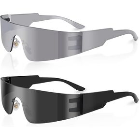 Futuristic Wrap Around Fashion Sunglasses Y2K Silver Trendy Rimless Glasses Cyberpunk Eyewear Women Men Rave Party