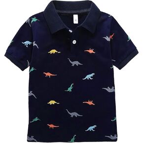 Boys Short Sleeve Polo Shirt, Cute Cartoon Collar Dino Printed T-Shirt, Age 1-6 Years Button Shirts Unifor