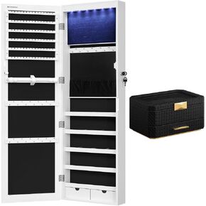 حزمة خزانة المجوهرات ذات 6 مصابيح LED من SONGMICS مع صندوق ساعة من طبقتين مع درج، وخزانة مجوهرات بطول 47.2 بوصة، وحقيبة ساعة ذات 8 فتحات مع حقيبة ساعة سفر، باللون الأبيض UJJC93W والحبر الأسود UJWB025B01 in Kuwait