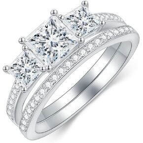 Princess Cut Wedding Ring Set for Women Platinum Plated Silver 3 Stone Moissanite Bridal Ring Set Engagement Ring Set White Gold Anniversary Promise Rings for Her