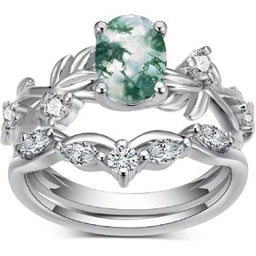 Oval Shape Moss Agate Engagement Ring Set for Women, 925 Sterling Silver 1 Carat Green Moss Agate Leaf Wedding Ring Set Anniversary Jewelry Bridal Gifts for Women