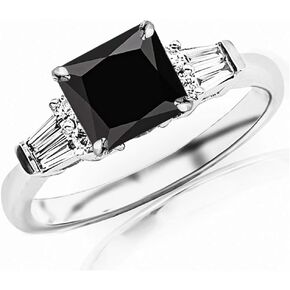0.85 Carat t.w 14K White Gold Prong Set Round And Baguette Diamond Engagement Ring w/a 0.5 Carat Princess Cut Black Diamond Heirloom Quality