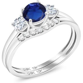 Gem Stone King 10K White Gold Created Sapphire White Created Sapphire and Lab Grown Diamond 3-Stone Bridal Engagement Wedding Ring Set For Women (0.93 Cttw, 5MM, Available in Size 5,6,7,8,9)