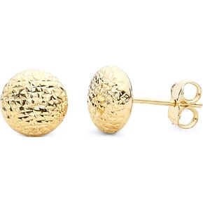 14k REAL Yellow Gold Diamond Cut Flat Round Ball Earrings with Push Back (8 x 8 mm)