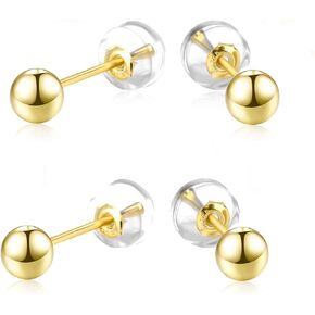 18k Gold Ball Earrings 2 Pairs (4MM, 5MM)