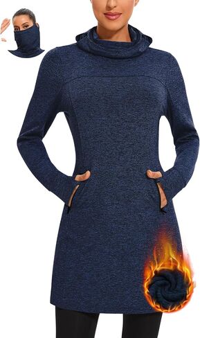 Soneven Women Thermal Fleece Long Sweatshirt Tunic Dress Pullover Warm Winter Outfits Pocket Thumb Holes Cowl Neck Gaiter in Kuwait