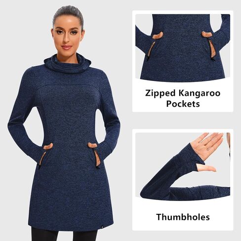 Soneven Women Thermal Fleece Long Sweatshirt Tunic Dress Pullover Warm Winter Outfits Pocket Thumb Holes Cowl Neck Gaiter in Kuwait