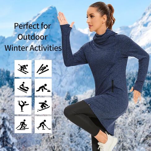 Soneven Women Thermal Fleece Long Sweatshirt Tunic Dress Pullover Warm Winter Outfits Pocket Thumb Holes Cowl Neck Gaiter in Kuwait