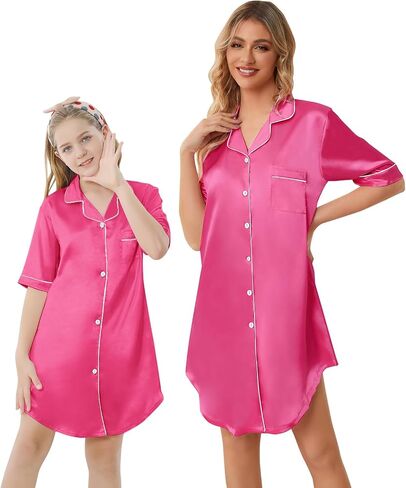 Schbbbta Girls & Women Silk Nightgown, Short Sleeve Button Down Satin Nightshirt Pajama House Dress, 3 Years- Women 2XL in Saudi Arabia