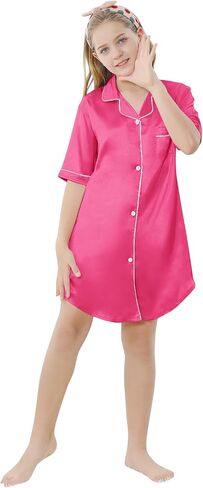 Schbbbta Girls & Women Silk Nightgown, Short Sleeve Button Down Satin Nightshirt Pajama House Dress, 3 Years- Women 2XL in Saudi Arabia