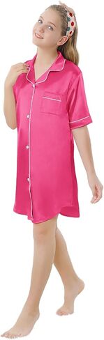 Schbbbta Girls & Women Silk Nightgown, Short Sleeve Button Down Satin Nightshirt Pajama House Dress, 3 Years- Women 2XL in Saudi Arabia