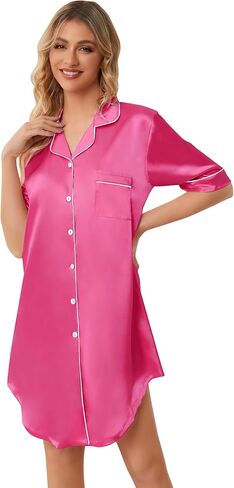Schbbbta Girls & Women Silk Nightgown, Short Sleeve Button Down Satin Nightshirt Pajama House Dress, 3 Years- Women 2XL in Saudi Arabia