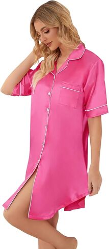 Schbbbta Girls & Women Silk Nightgown, Short Sleeve Button Down Satin Nightshirt Pajama House Dress, 3 Years- Women 2XL in Saudi Arabia