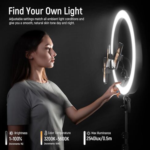 NEEWER 19" RGB LED Ring Light with Stand, 3 Phone Holders, Touch Panel, 2.4G/App Control, 42W CRI97+ 2800lux/0.5m 360° Hue Dimmable Professional Lighting for Makeup Live Streaming Zoom Calls, RP19C in Kuwait