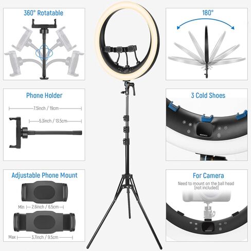 NEEWER 19" RGB LED Ring Light with Stand, 3 Phone Holders, Touch Panel, 2.4G/App Control, 42W CRI97+ 2800lux/0.5m 360° Hue Dimmable Professional Lighting for Makeup Live Streaming Zoom Calls, RP19C in Kuwait