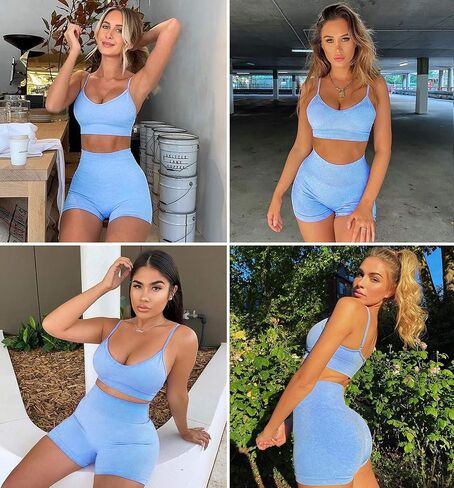 Workout Sets for Women 2 Piece Outfits Gym Shorts Women High Waisted with Adjustable Padded Sports Bra Gym Sets in Saudi Arabia