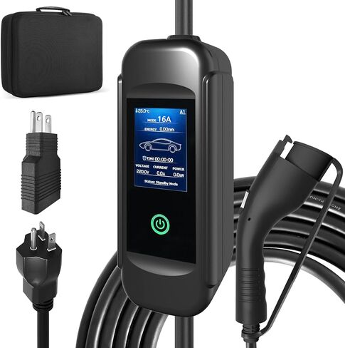 Level1- Level2 Portable EV Charger with LED Display,16/13/10/8 Amps Adjustable,110-240 Volts,25ft Cable,SAE J1772 Standard NEMA6-20Plug,NEMA5-15Plug Conversion Adapter, Portable Cable Box in Saudi Arabia