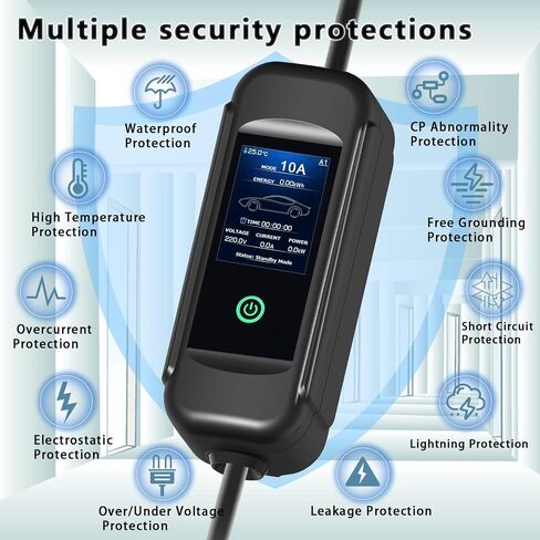 Level1- Level2 Portable EV Charger with LED Display,16/13/10/8 Amps Adjustable,110-240 Volts,25ft Cable,SAE J1772 Standard NEMA6-20Plug,NEMA5-15Plug Conversion Adapter, Portable Cable Box in Saudi Arabia