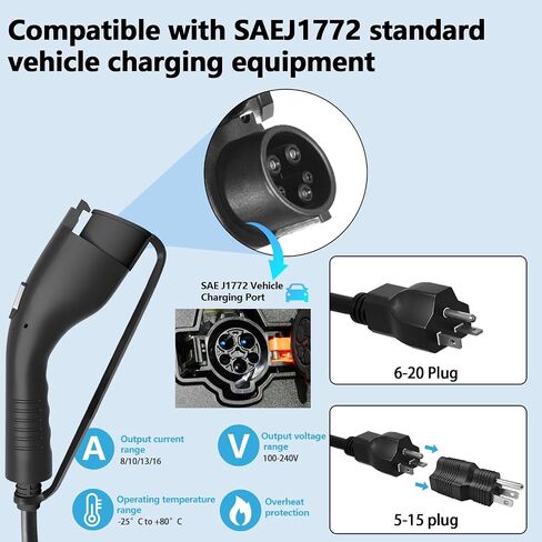 Level1- Level2 Portable EV Charger with LED Display,16/13/10/8 Amps Adjustable,110-240 Volts,25ft Cable,SAE J1772 Standard NEMA6-20Plug,NEMA5-15Plug Conversion Adapter, Portable Cable Box in Saudi Arabia