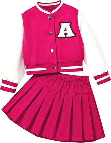 MakeMeChic Girl's 2 Piece Outfits Color Block Long Sleeve Button Down Jacket and Pleated Skirt Set in Saudi Arabia