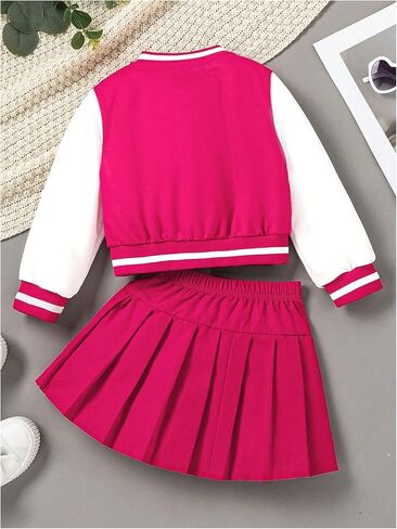 MakeMeChic Girl's 2 Piece Outfits Color Block Long Sleeve Button Down Jacket and Pleated Skirt Set in Saudi Arabia