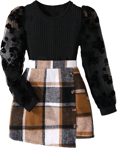 Floerns Girl's 2 Piece Outfit Contrast Mesh Puff Long Sleeve Tee Top and Plaid Skirts Set in Saudi Arabia