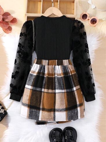 Floerns Girl's 2 Piece Outfit Contrast Mesh Puff Long Sleeve Tee Top and Plaid Skirts Set in Saudi Arabia