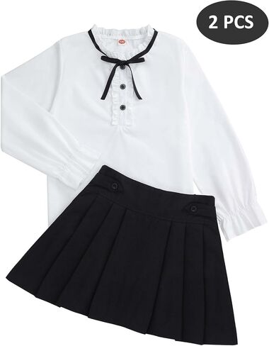 Girls White Blouse Ruffle Long Sleeve Button Down Shirt and Pleated Skirt School Uniform 2 Piece Outfit Set 3-12Y in Saudi Arabia