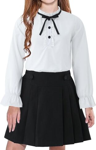 Girls White Blouse Ruffle Long Sleeve Button Down Shirt and Pleated Skirt School Uniform 2 Piece Outfit Set 3-12Y in Saudi Arabia