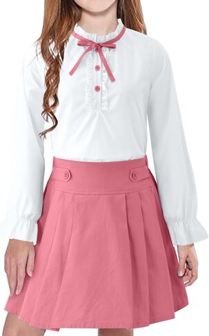 Girls White Blouse Ruffle Long Sleeve Button Down Shirt and Pleated Skirt School Uniform 2 Piece Outfit Set 3-12Y in Saudi Arabia