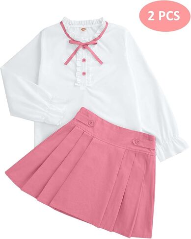 Girls White Blouse Ruffle Long Sleeve Button Down Shirt and Pleated Skirt School Uniform 2 Piece Outfit Set 3-12Y in Saudi Arabia