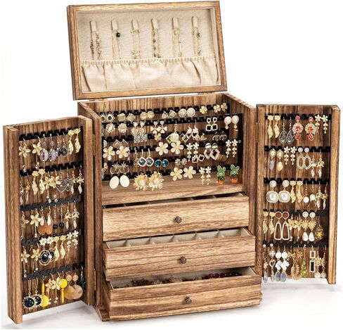 Jewelry Box Organizer, Large Wooden Jewelry Boxes for Women, Earring Jewelry Organizer for Necklace Earring Ring Bracelet, Rustic Jewelry Organizer Box for Girls, Christmas Gift for Her in Saudi Arabia