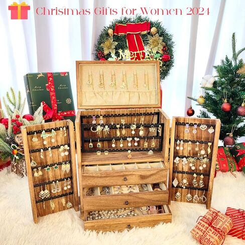 Jewelry Box Organizer, Large Wooden Jewelry Boxes for Women, Earring Jewelry Organizer for Necklace Earring Ring Bracelet, Rustic Jewelry Organizer Box for Girls, Christmas Gift for Her in Saudi Arabia