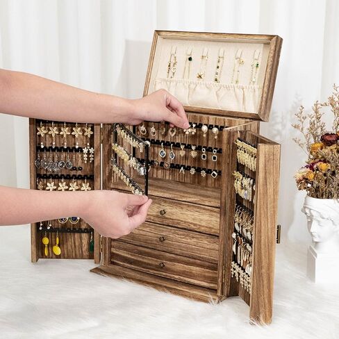 Jewelry Box Organizer, Large Wooden Jewelry Boxes for Women, Earring Jewelry Organizer for Necklace Earring Ring Bracelet, Rustic Jewelry Organizer Box for Girls, Christmas Gift for Her in Saudi Arabia