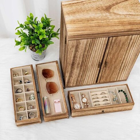 Jewelry Box Organizer, Large Wooden Jewelry Boxes for Women, Earring Jewelry Organizer for Necklace Earring Ring Bracelet, Rustic Jewelry Organizer Box for Girls, Christmas Gift for Her in Saudi Arabia