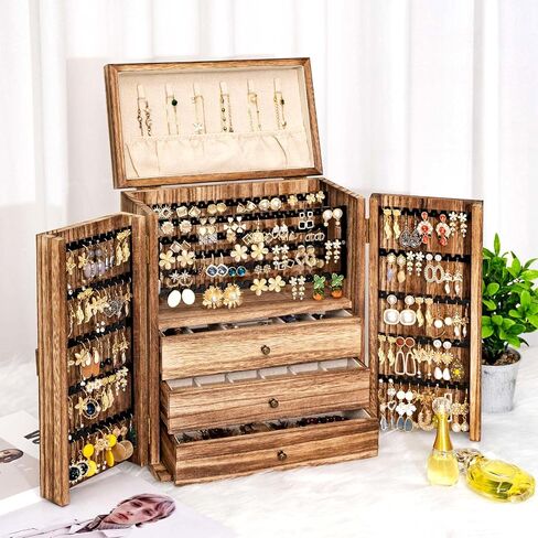 Jewelry Box Organizer, Large Wooden Jewelry Boxes for Women, Earring Jewelry Organizer for Necklace Earring Ring Bracelet, Rustic Jewelry Organizer Box for Girls, Christmas Gift for Her in Saudi Arabia
