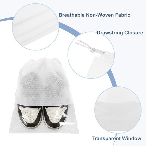 uxcell 5 Pcs 17.72 Inch Dust Cover Shoe Bags, Non-Woven Drawstring Travel Pouch Bag Storage Bag with Clear Window for Clothes Handbags Purses, White in Saudi Arabia