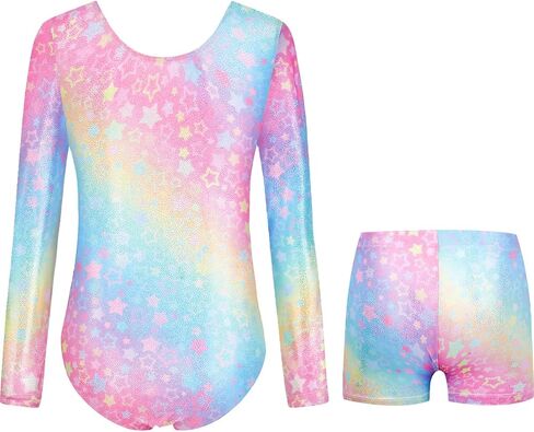 Long Sleeve Gymnastics Leotards for Girls Sparkly Dance Ballet Outfits Tumbling Biketard with Shorts for 3-12 Years in Kuwait
